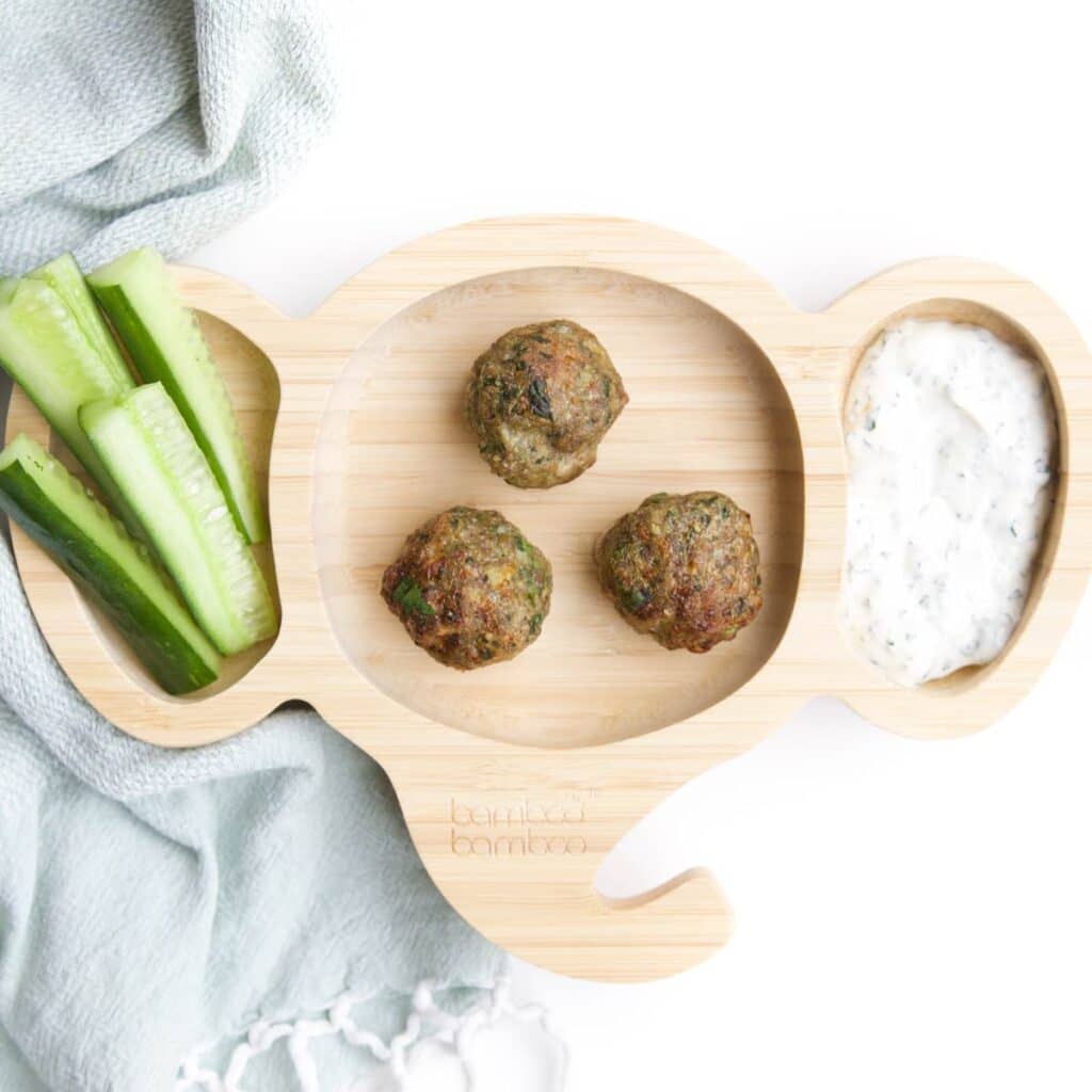 Toddler Wooden Elephant Plate With Meatballs, Cucumber Sticks and Mint Yogurt Dip