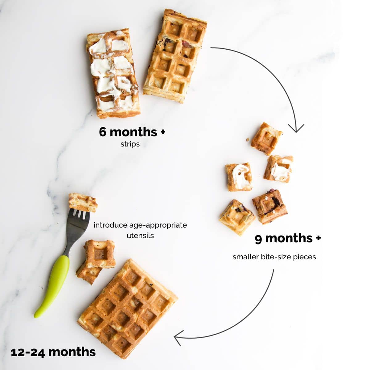 Image Showing How to Serve Waffles to a Baby By Age 6 Months, 9 Months and 12 Months. 