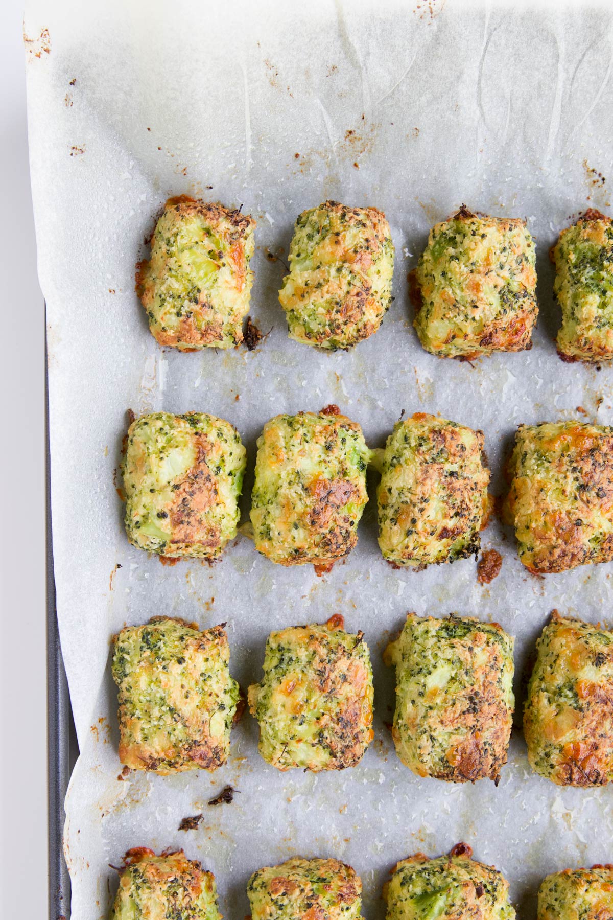 Cooked Broccoli Tots on Baking Sheet