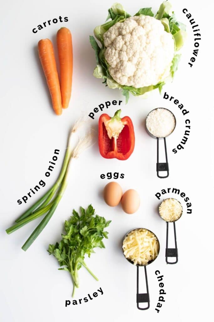 Flat Lay of Ingredients Needed to Make Cauliflower Tots (labelled)