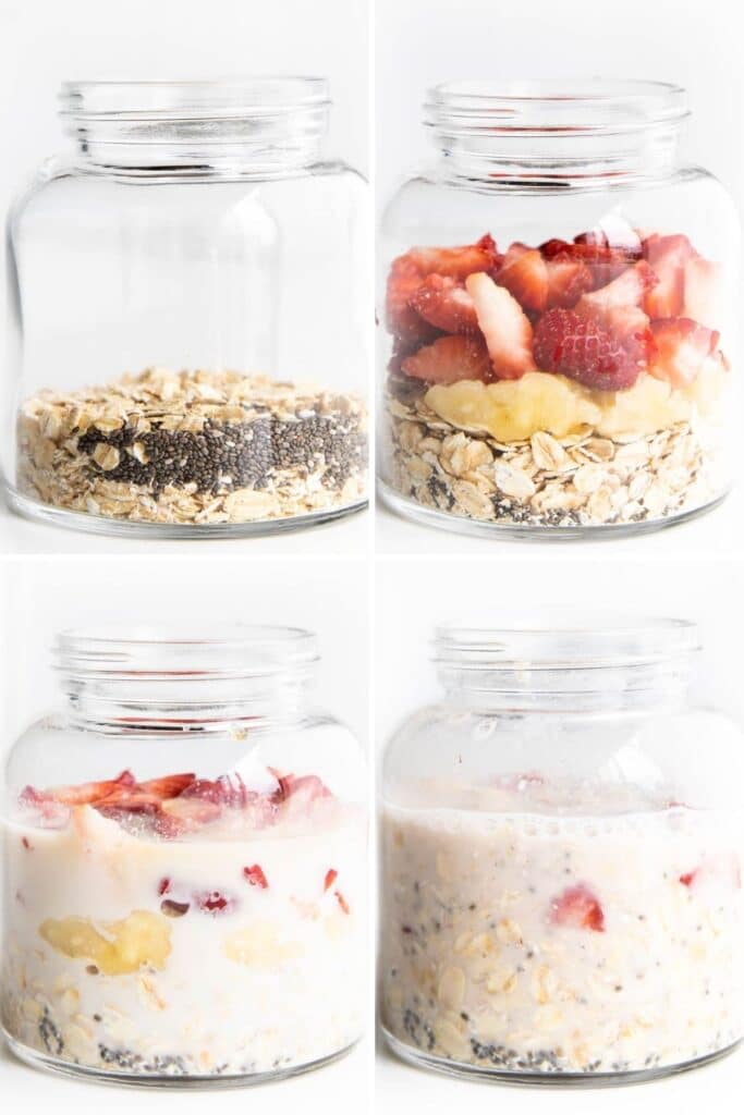 Collage of 4 Images Showing Ingredients for Strawberry Overnight Oats. 