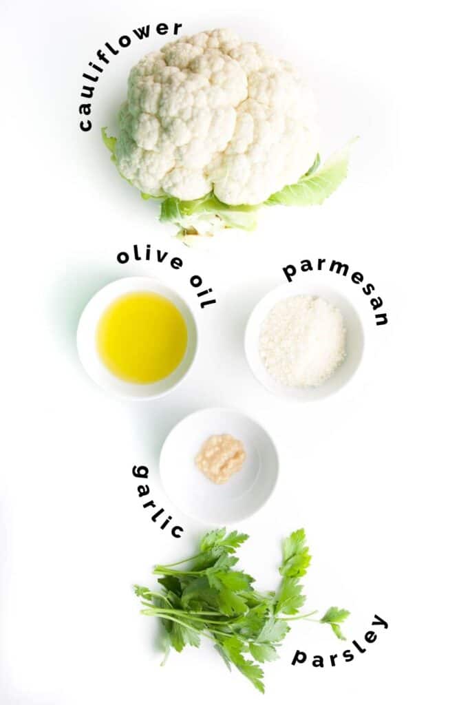 Flat Lay of Ingredients Needed to Make Air Fried Cauliflower (labelled)