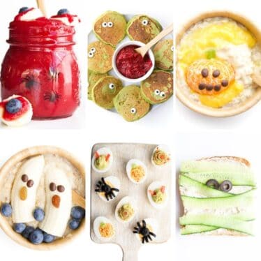 Collage of 6 Halloween Breakfast Ideas 1) Blood Shot Eye Smoothie 2) Monster Pancakes 3) Pumpkin Oatmeal 4) Banana Ghost Oatmeal 5) Halloween Eggs 6)Mummy Toast