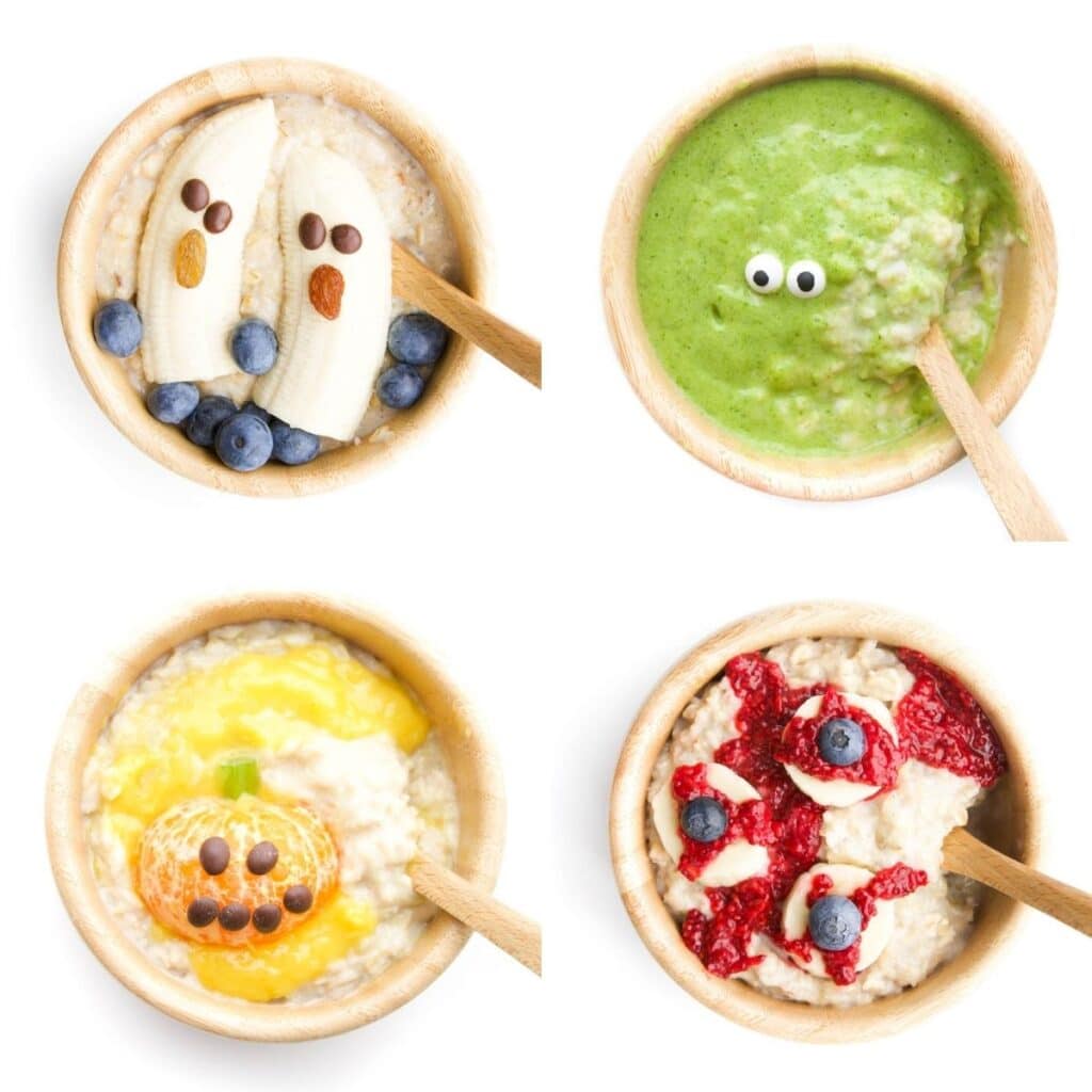 Collage of 4 Oatmeal Bowls 1) Topped with Banana Ghosts 2)Added Green Smoothie and Edible Eyes 3)Added Mango Swirl and Mandarin "Pumpkin" 4) Topped with Blood Shot Banana Eyes and Chia Jam "Blood"