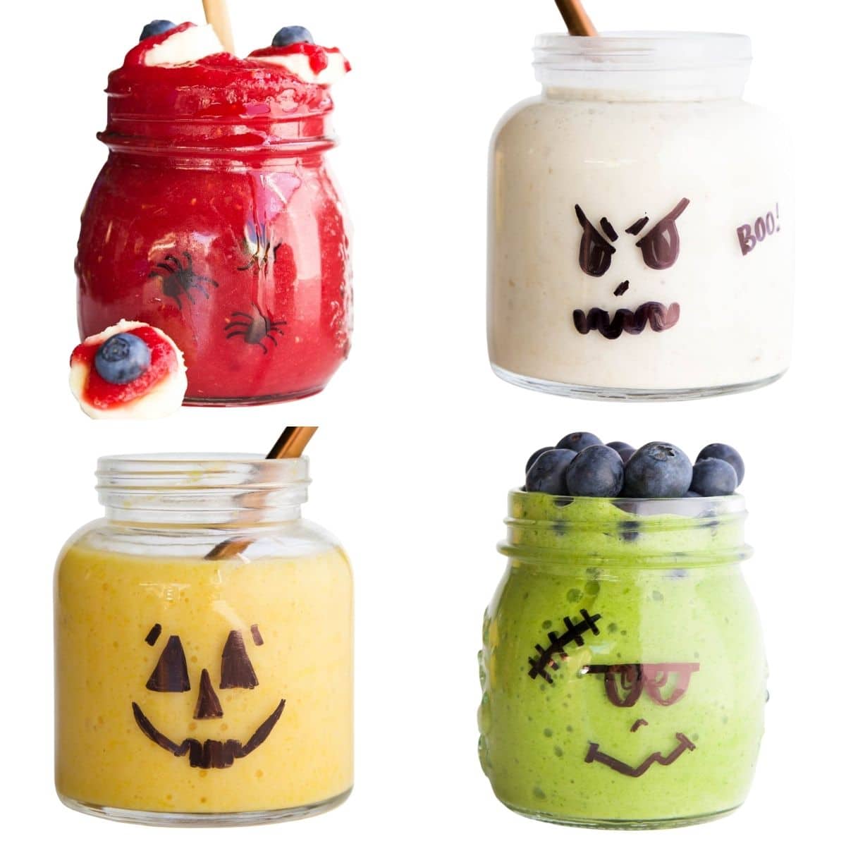 Halloween Breakfast Smoothies (Bloodshot Eye, Ghost, Pumpkin, Frankenstein)