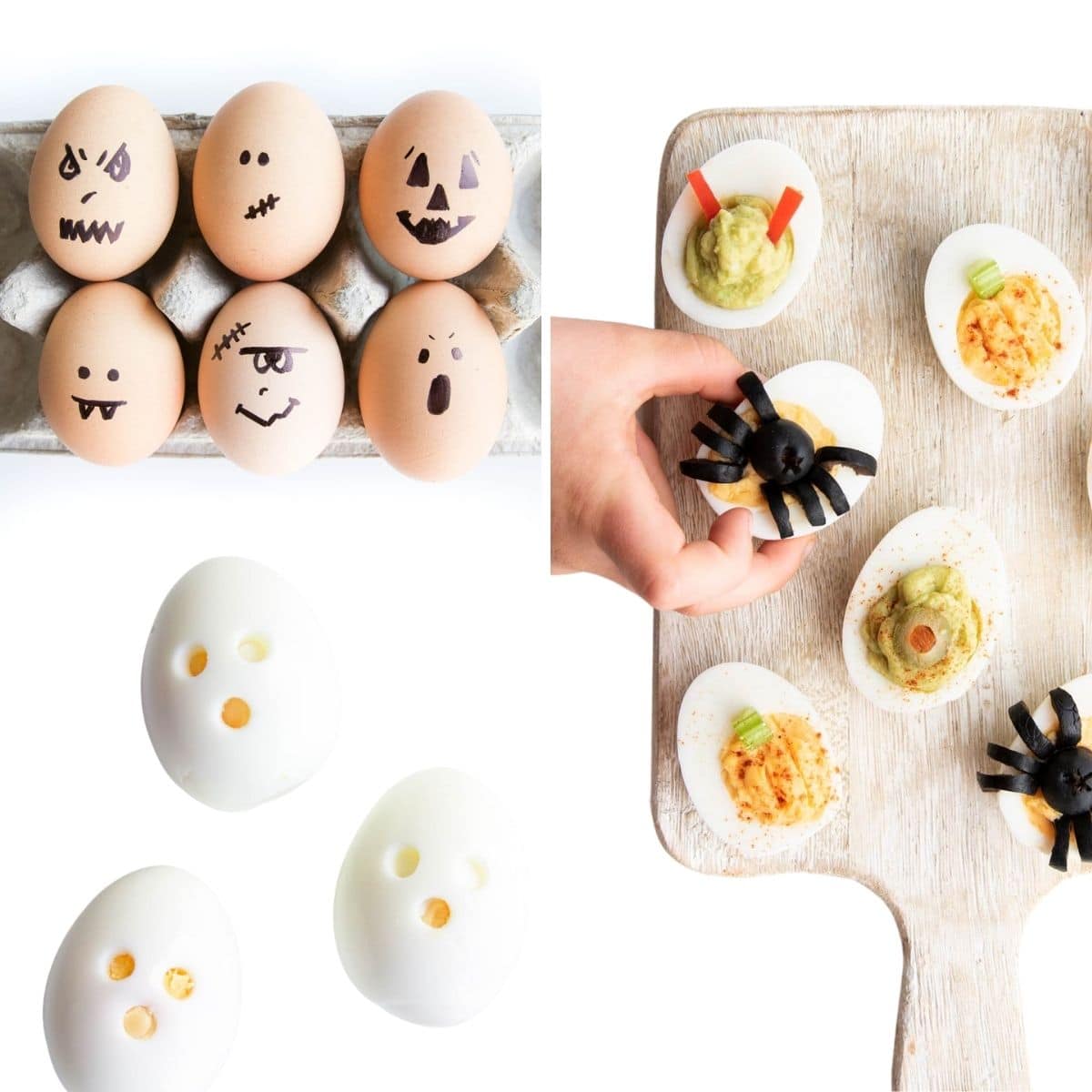 Halloween Egg Ideas (Hard Boiled in Shell with Scary Faces 2) Halloween Ghost Eggs 3) Halloween Devilled Eggs