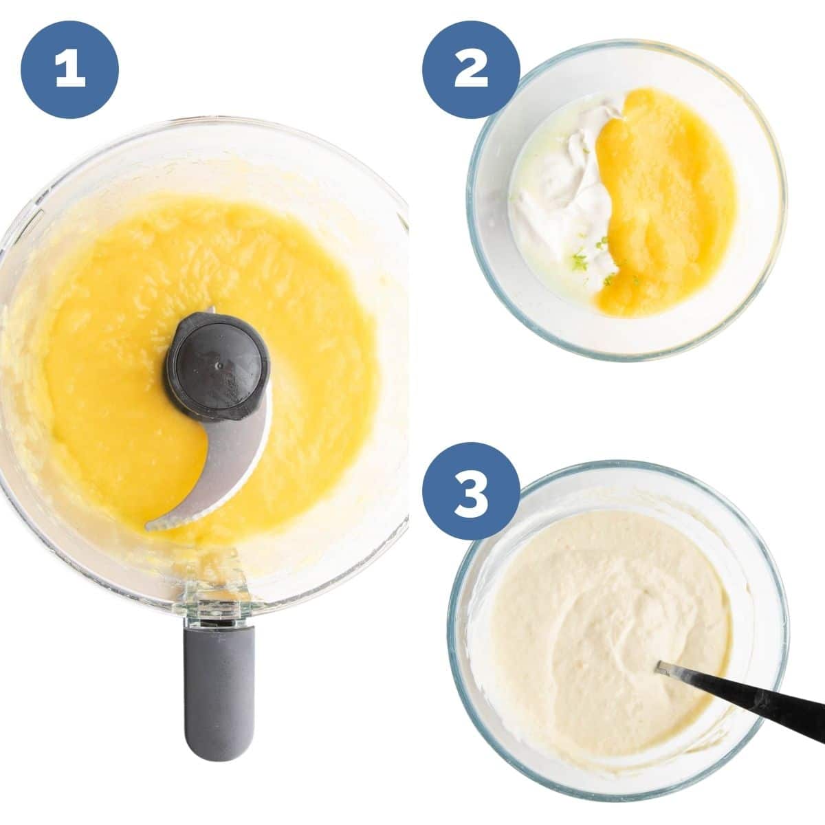 Collage of 3 Images Showing Process Shots for Mango Yogurt (1 puree mango 2) add ingredients to bowl 3)mix ingredients