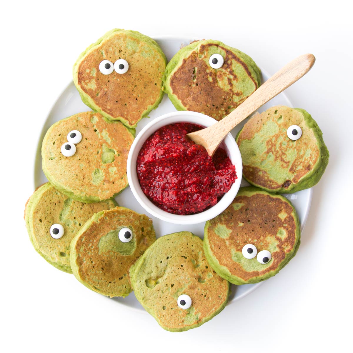 Green "Monster" Pancakes with Candy Eyes and Side Chia Jam