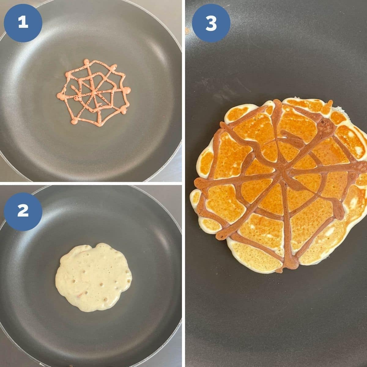 Collage of 3 Images SHowing How to Make Spider Web Pancakes (Make web, Fill, Flip)