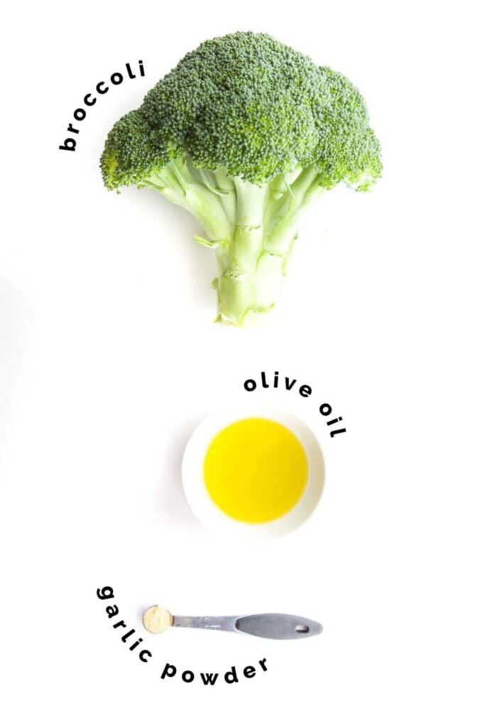 Flat Lay (Labelled) of Ingredients Needed to Make Air Fried Broccoli