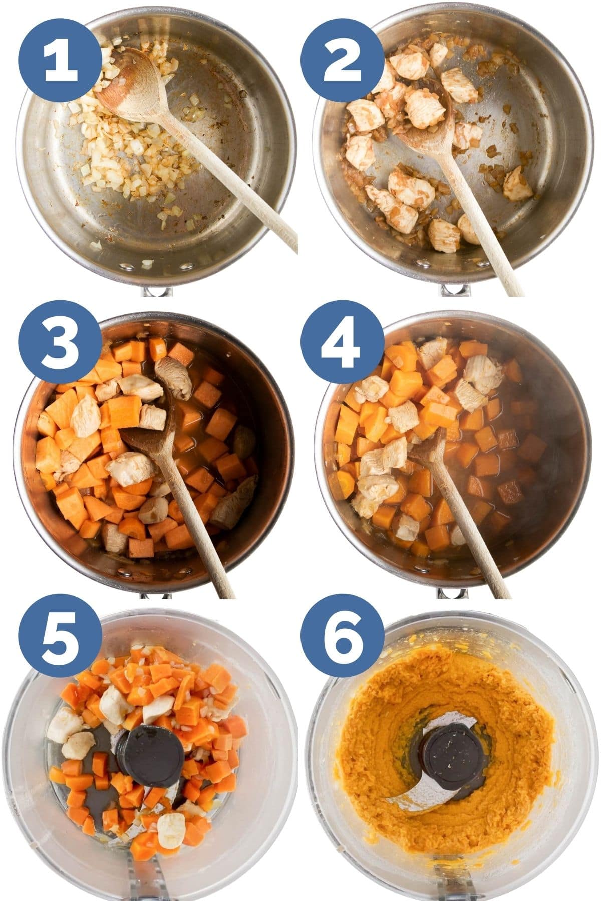 Collage of 6 Images Showing How to Make Chicken Puree