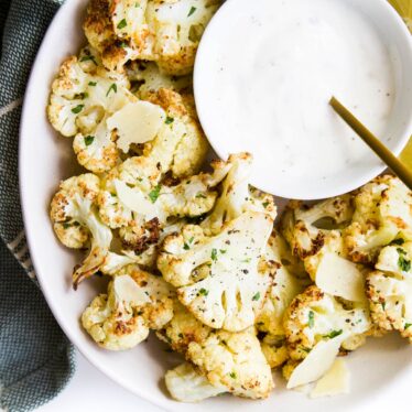 Air Fried Cauliflower in Bowl with Yogurt Dip