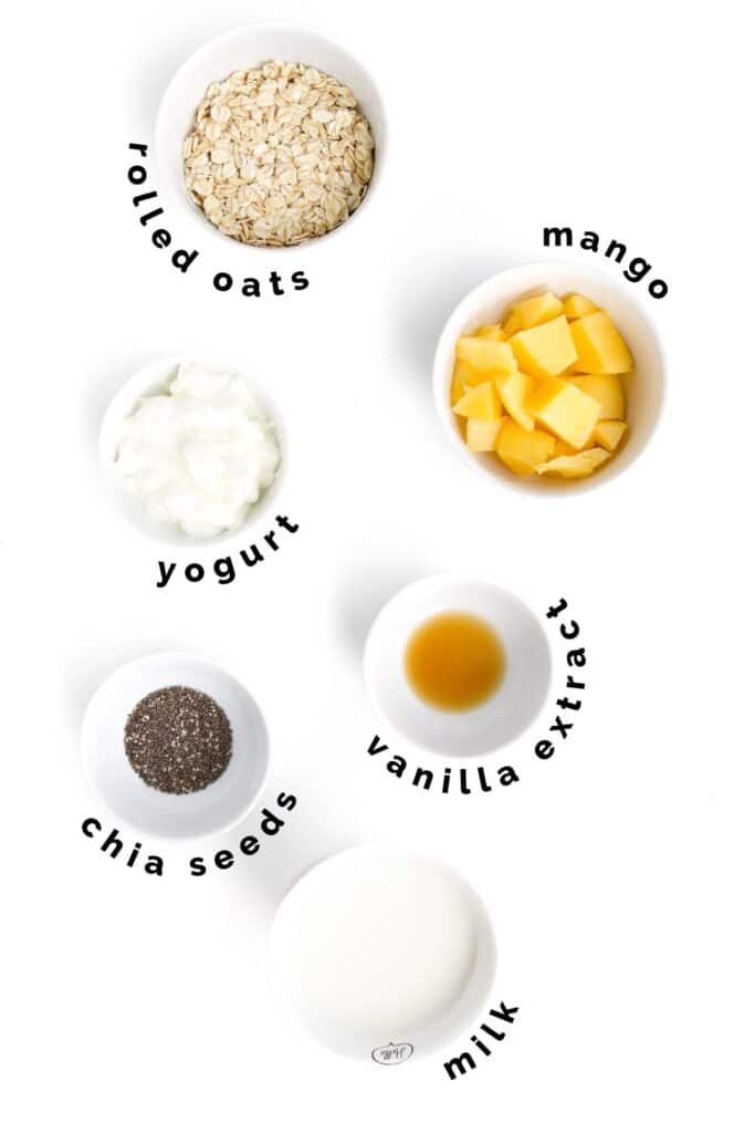 Flat lay Shot of Ingredients Needed to Make Mango Overnight Oats