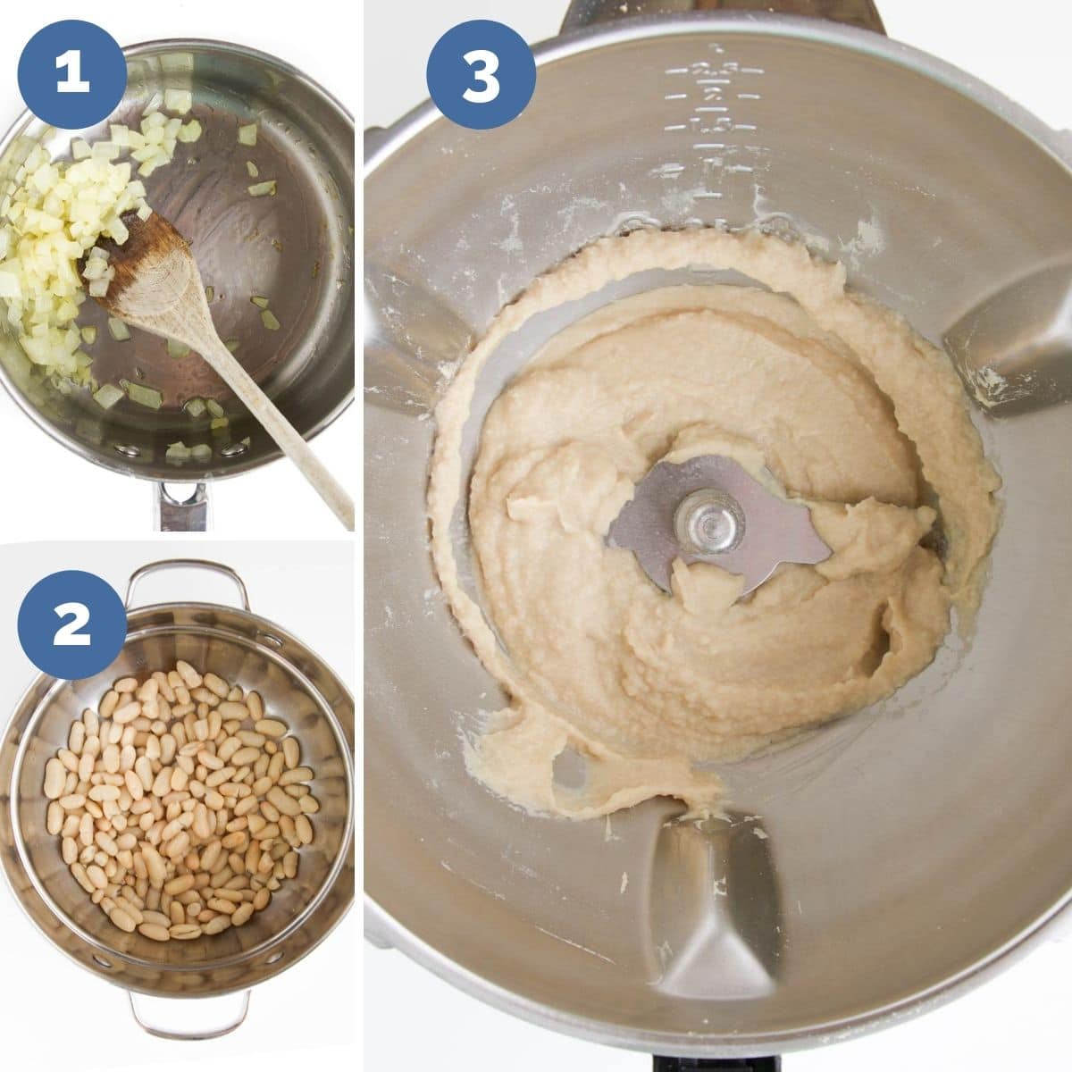 Collage of 3 Process Shot Images. 1 Pan with Sauteed Onion 2White Beans in Colander Rinsed 3Puree in Blender