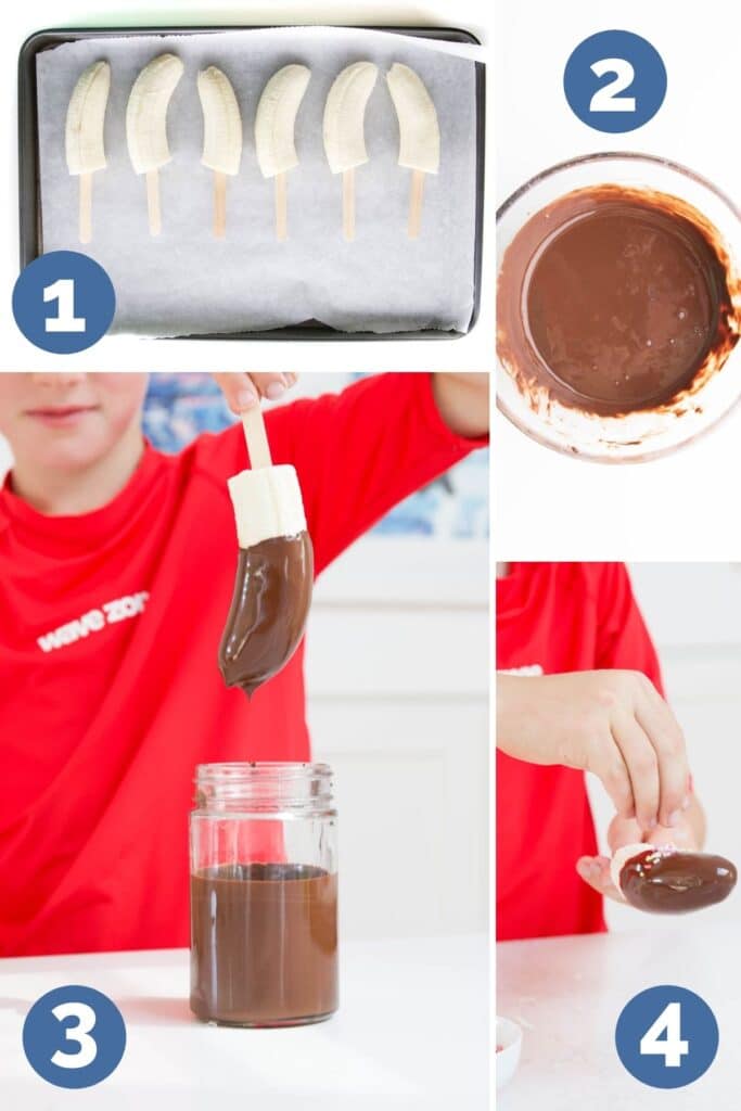 Collage of 4 Images Showing How to Make Chocolate Dipped Bananas 1 Bananas Frozen on Tray 2 Chocolate Melted in Bowl 3Child Dipping Banana in Chocolate 4 Child Adding Sprinkles to Banana