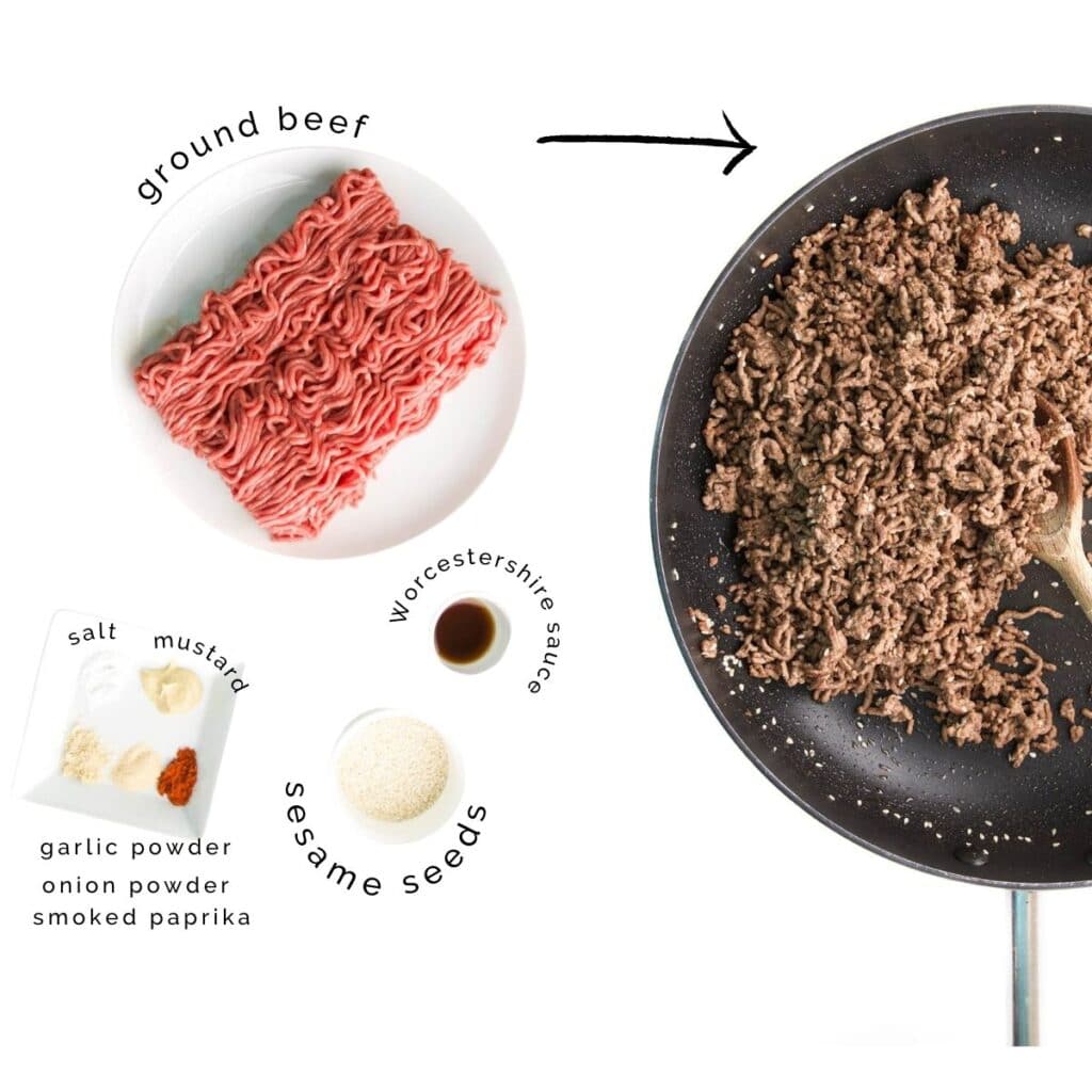Flat Lay of Burger Ground Beef Ingredients and Burger Meat Ingredients Cooked