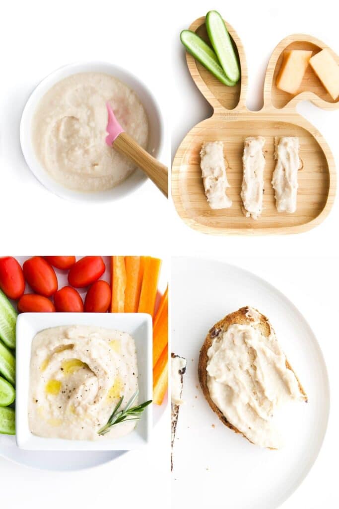 Collage of 4 Images White bean puree in baby bowl, white bean puree on toast fingers on baby plate, white bean puree served with vegetables, white bean puree on toast