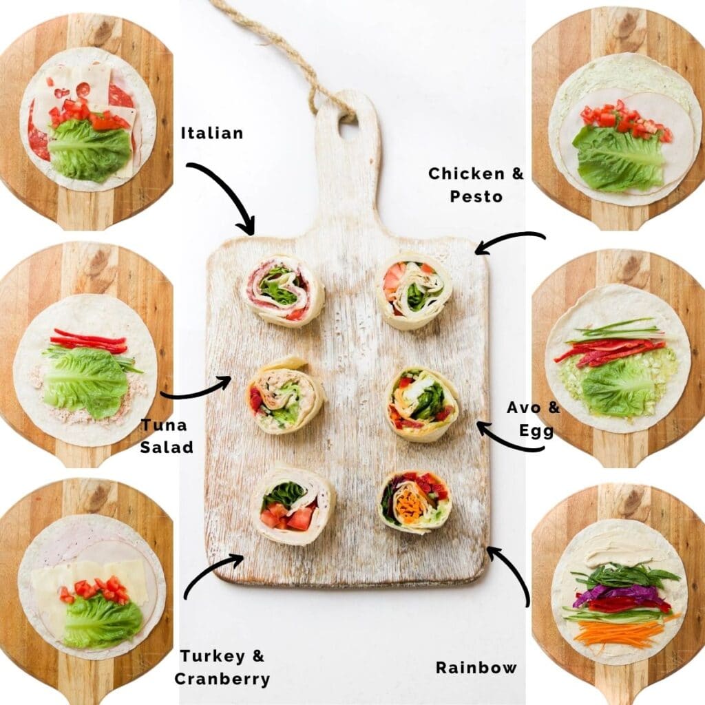 Collage of 6 Flavours of Pinwheel Sandwiches showing Before and After Rolling and Slicing