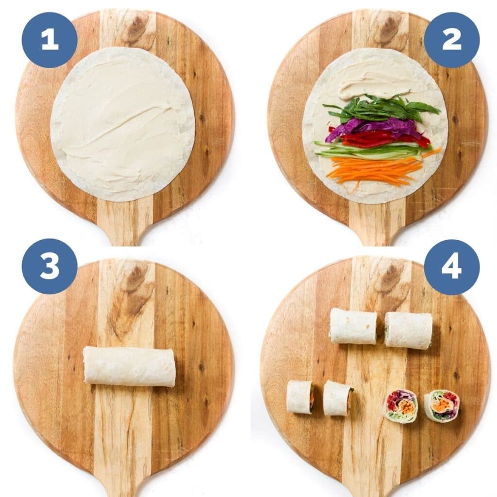 Collage of Four Images Showing How to Make Pinwheel Sandwiches Using Tortilla Wrap. (Spread wrap, add fillings roll up, cut)