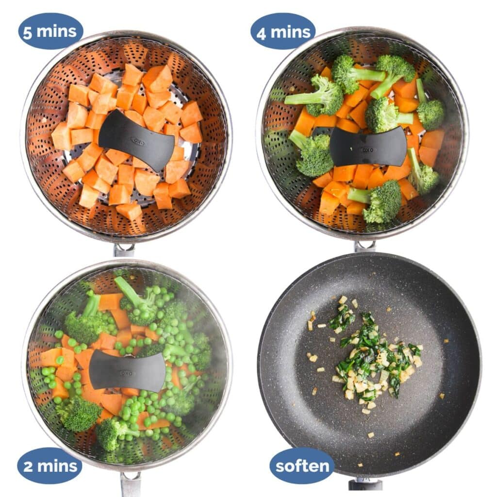 Collage of 4 Images 1) Sweet Potato in Steamer 2) Sweet Potato and Broccoli in Steamer 3)Sweet Potato Broccoli and Peas in Steamer 4)Sauted Onion and Spinach in Pan.