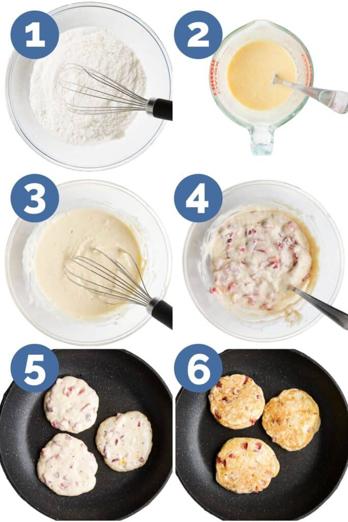 Collage of 6 Images Showing How to Make Strawberry Pancakes. 1)Mix Dry Ingredients 2)Mix Wet Ingredients 3)Combine Wet & Dry Ingredients in Bowl 4)Strawberries Added and Stirred Through 5)Pancakes in pan showing bubble on top 6) Pancakes Flipped and Cooked in Pan