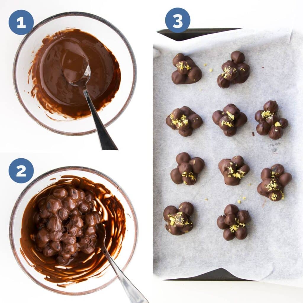 Collage of 3 Images Showing How to Make Chocolate Covered Blueberries 1) Melt Chocolate 2)Coat Blueberries in Chocolate 3) Form Clusters on Baking Sheet and Add Lemon Zest