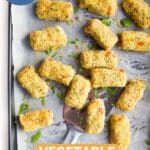 Top Down Shot of Cooked Vegetable Croquettes on Baking Sheet With Text oVerlay "Vegetable Croquettes Perfect for Babies and Toddlers"