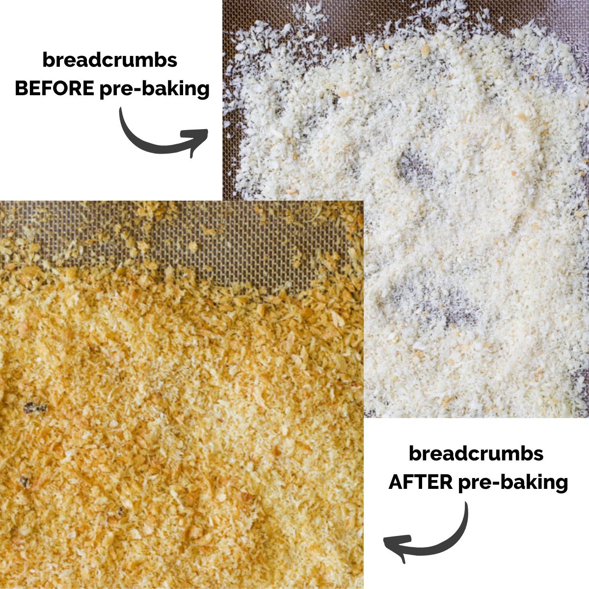 Collage of 2 Images Showing Breadcrumbs on Baking Tray Before and After Baking