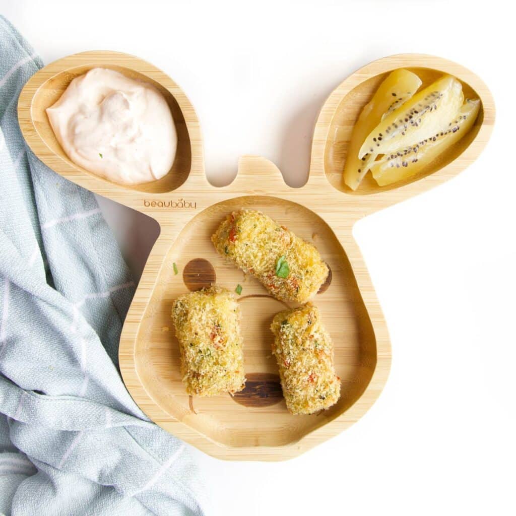 Vegetable Croquettes on Kangaroo Shaped Bamboo Toddler Plate