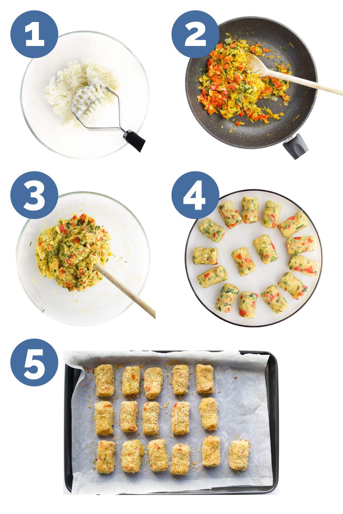 Collage of 5 Images Showing Different Steps to Make Croquettes 1) Mash Potato 2)Saute Vegetables 3)Mix All Ingredients in Bowl 4) Form into Log Shapes 5) Croquettes Placed on Baking Tray