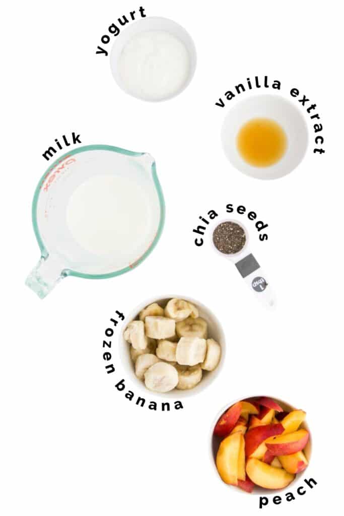 Top Down Shot of Ingredients Needed to Make a Peach and Banana Smoothie (Labelled)