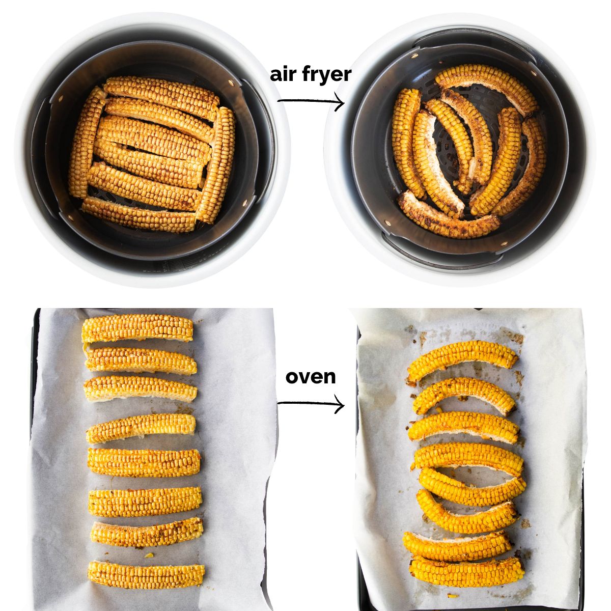 Corn Ribs in Air Fryer Before and After Cooking and Corn Ribs on Over Tray Before and After Cooking.