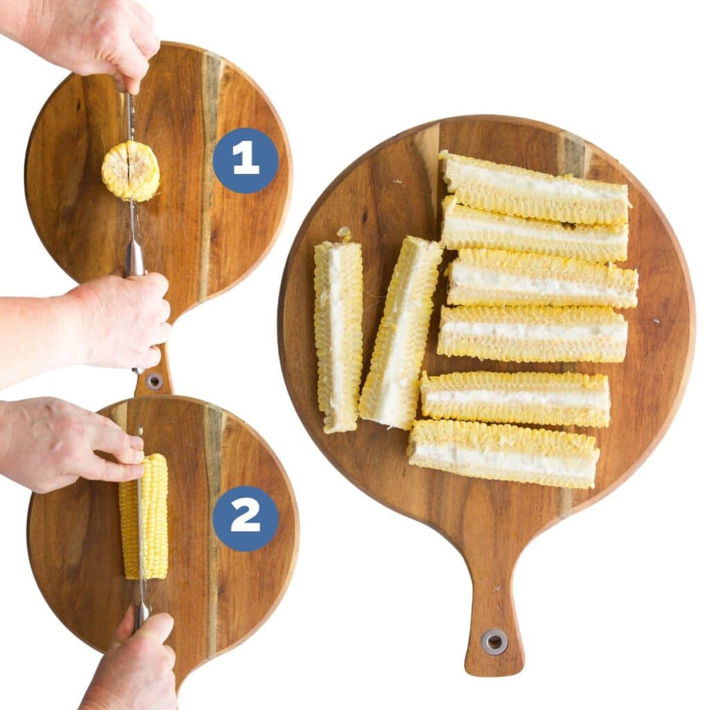 Collage of 3 Images. Chopping Board 1 - Corn Standing Vertically on Board with Someone Cutting Through Centre, Chopping Board 2 - Corn half on Board, Cob Side Down with Someone Cutting through the Centre Vertically, Chopping Board 3 - Corn Cut into Spears