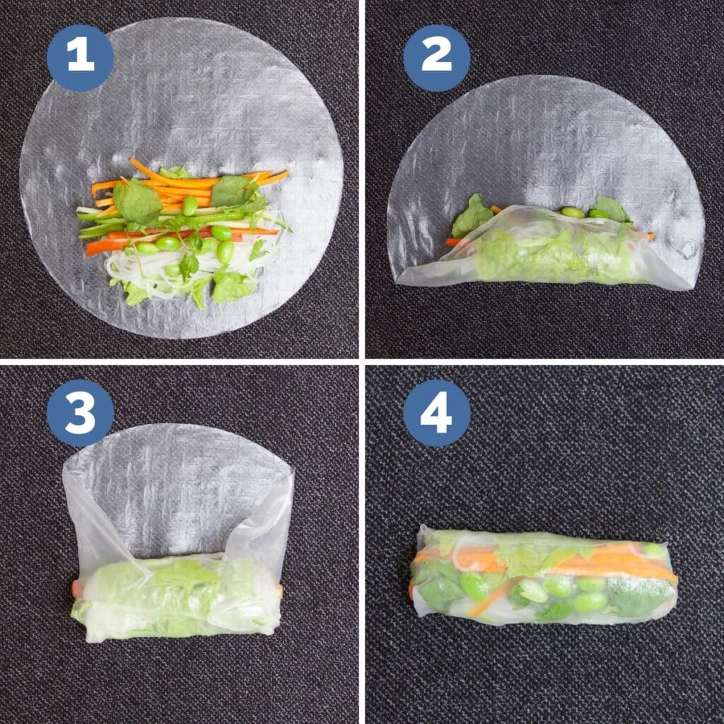 Collage of 4 Images Showing How to Wrap a Rice Paper Roll 1)Place filling on bottom ⅓ of wrap 2)Fold up Bottom of Wrap 3)Turn in sides of wrapper 4) Rice Paper Roll Fully Rolled