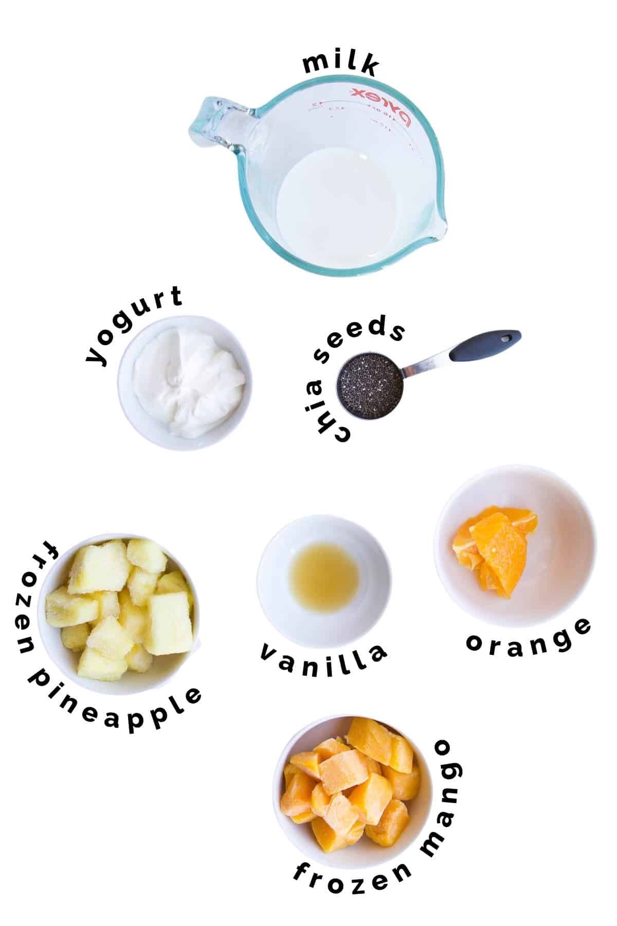Flat Lay of Ingredients Needed to Make Mango Pineapple Smoothie