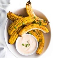 Corn Ribs in White Bowl with Smoked Paprika Dip