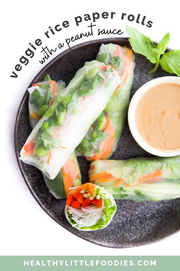 Vegetable Rice Paper Rolls on Black Plate with Peanut Dipping Sauce. Text Overlay "Veggie Rice Paper Rolls WIth a Peanut Dipping Sauce"