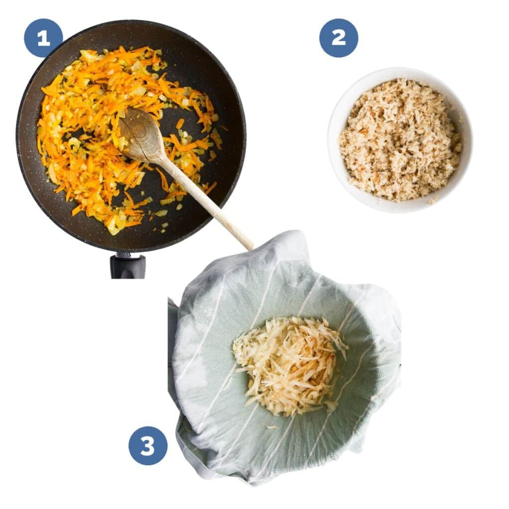 3 Image Collage Showing First 3 Steps to Making Chicken Meatballs 1) Sauted Carrot and Onion in Pan 2) Soaked Breadcrumbs in Bowl and 3) Squeezed Grated Apple and Pear on Cloth.