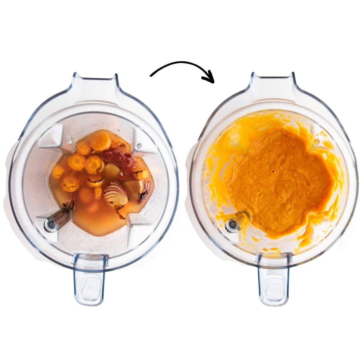 Carrot Sauce Ingredients in Blender Before and After Blending.