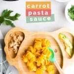 Pinterest Pin with Baby Plate of Carrot Pasta and Text Overlay "Carrot Pasta Sauce"