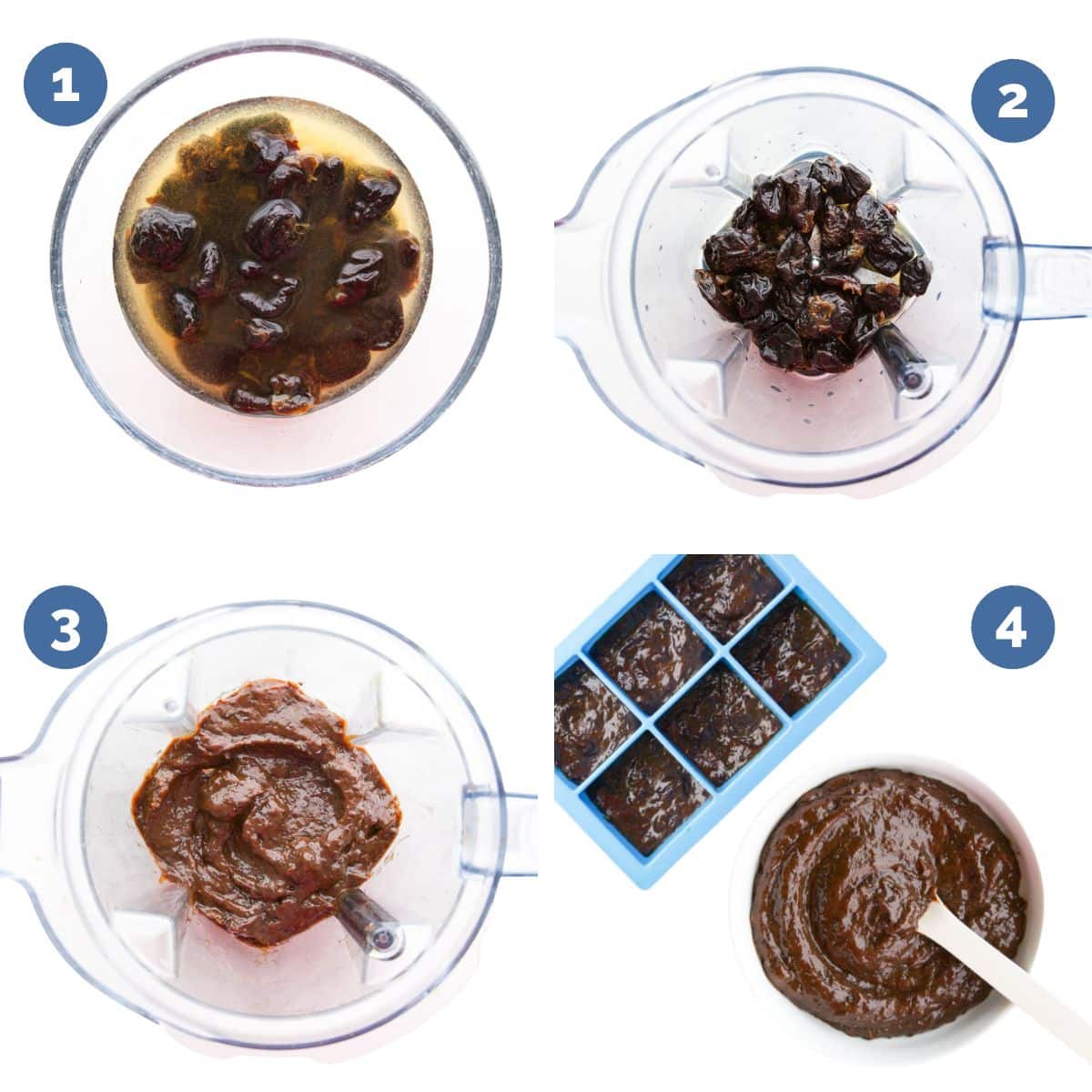 Collage of 4 Images Showing Process Shots to Make Prune Puree 1) Prunes Soaked in Bowl 2) Prunes in Blender Before Blending 3) Blended Prunes 4) Prune Puree in Bowl and Ice Cube Tray.