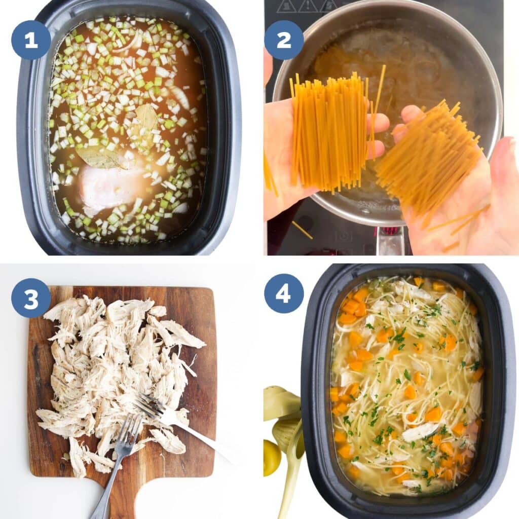 Collage of 4 Images Showing How to Make Slow Cooker Chicken Noodle Soup. 1) Ingredients in Slow Cooker 2)Adding Spaghetti pieces to Pan 3)Chicken Shredded 4)Lemon Juice and Parsley Added to Slow Cooker.