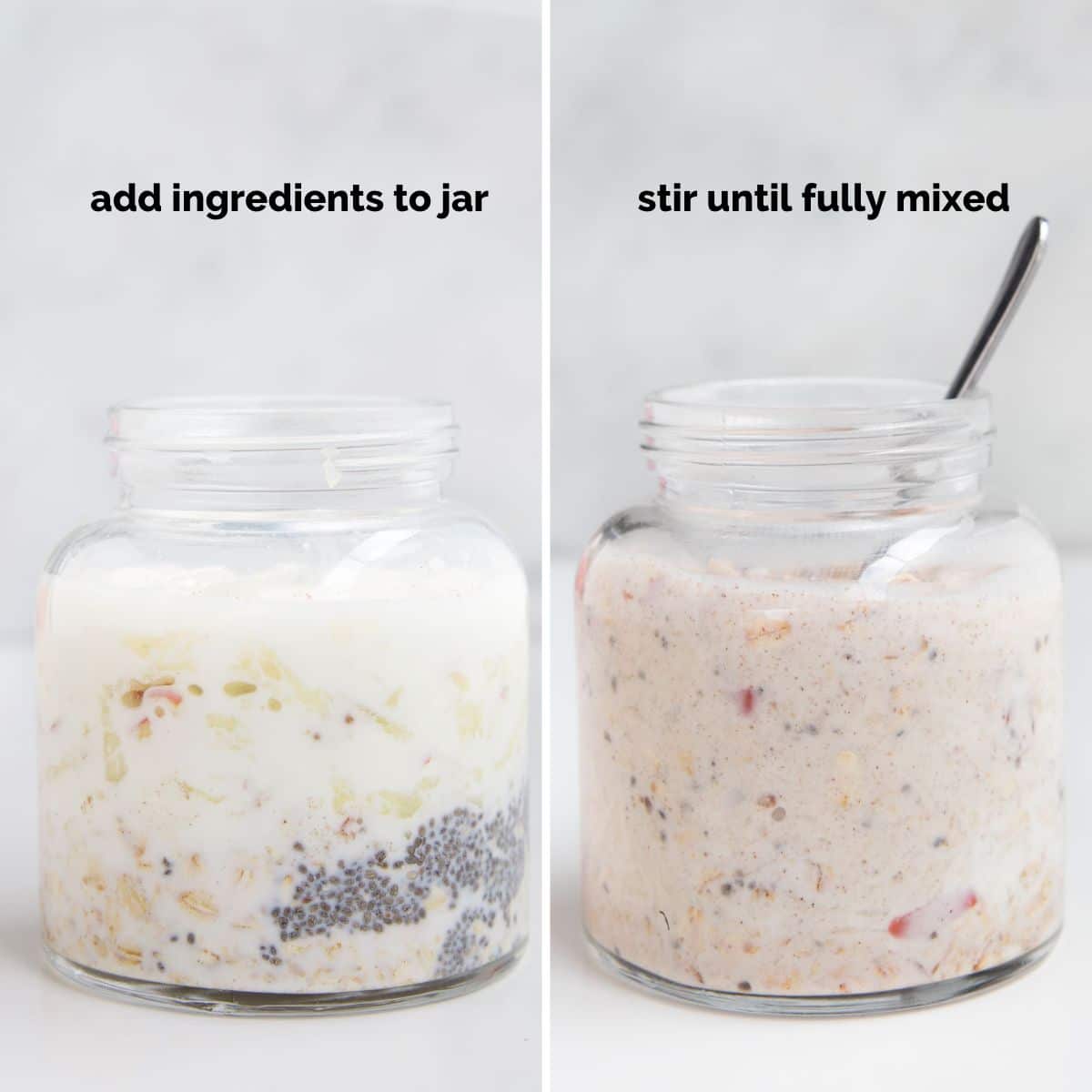 Two Jars of Apple Overnight Oats Side By Side. The first Before Ingredients and Mixed and the Second After they are Mixed. 
