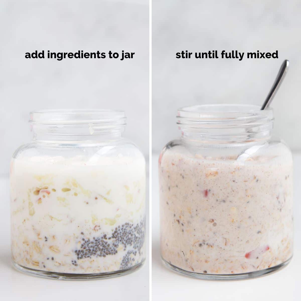 Two Jars of Apple Overnight Oats Side By Side. The first Before Ingredients and Mixed and the Second After they are Mixed.