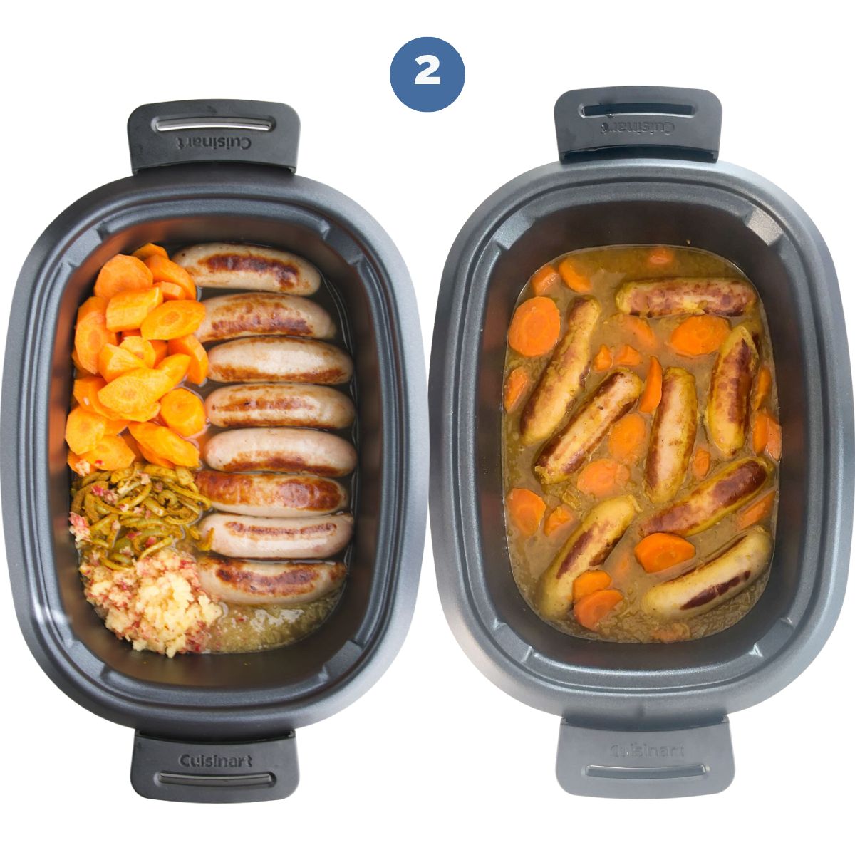 Collage of Two Images. Slow Cooker with Curried Sausages Ingredients Before Cooking and After Cooking.