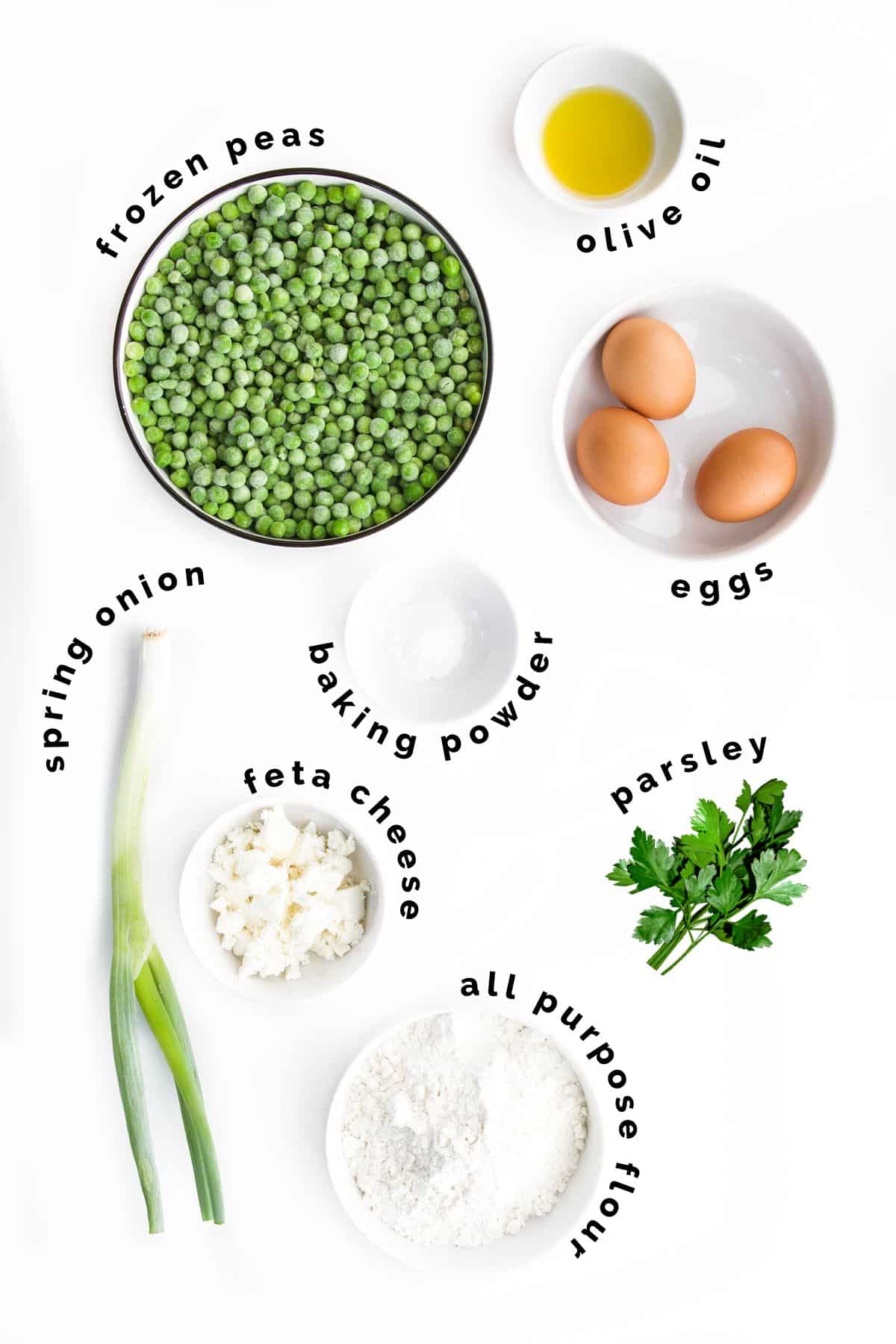 Flat Lay of Ingredients Needed to Make Pea Fritters.