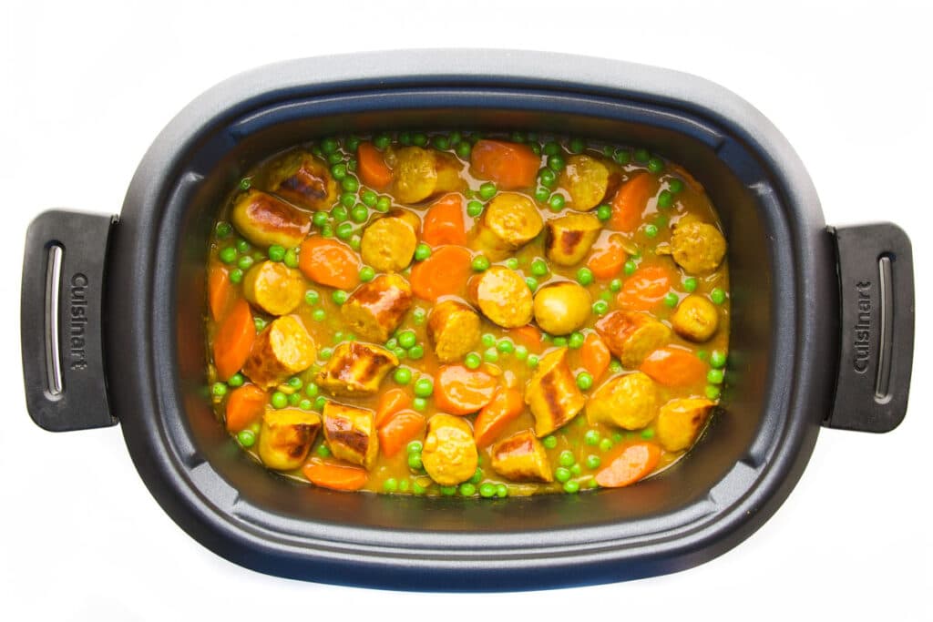 Cooked Curried Sausages in Slow Cooker.