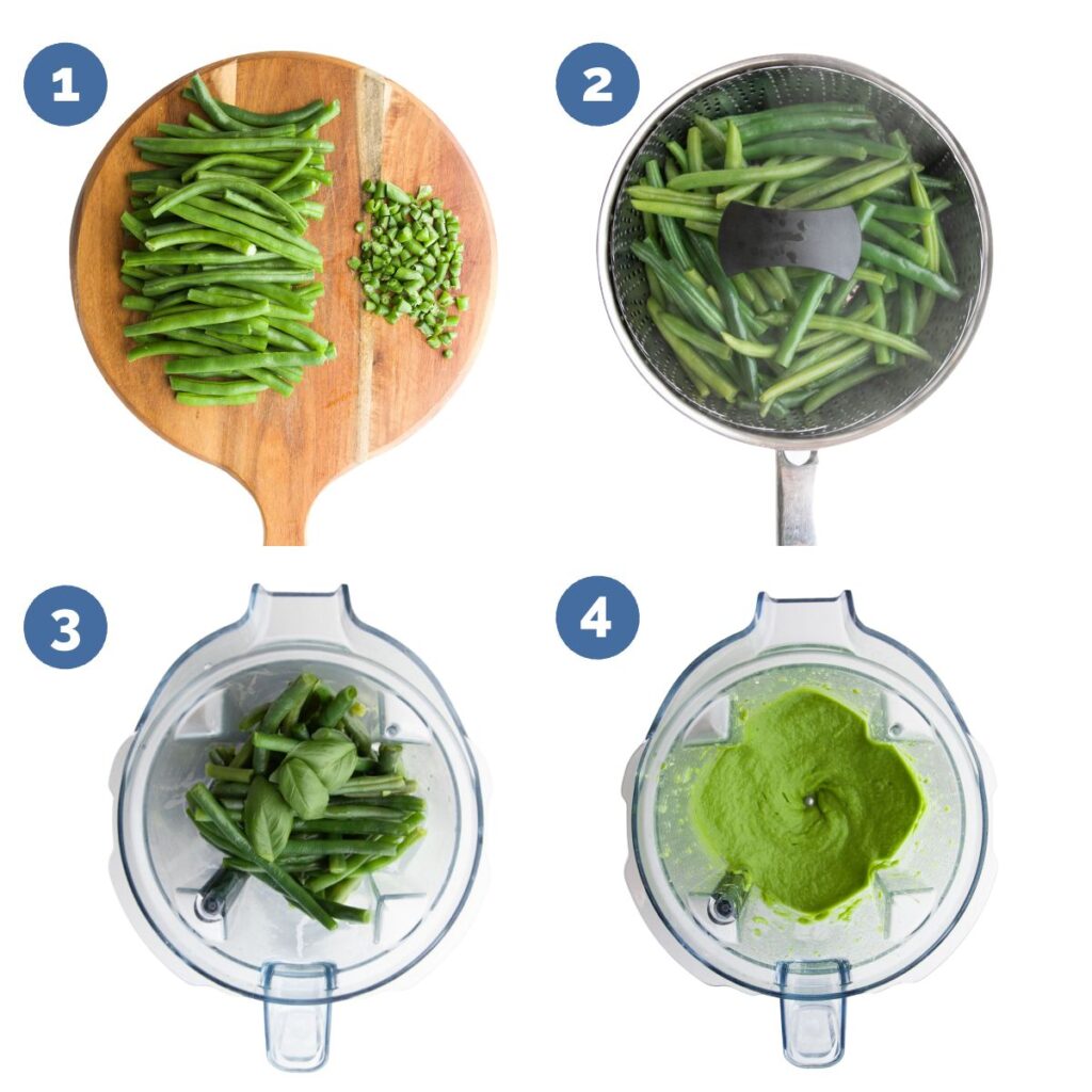 Collage of 4 Images Showing How to Make Green Bean Puree. 1. Trim Beans 2. Steam Beans 3. Add All Ingredients to Blender 4. Blended Puree in Blender.