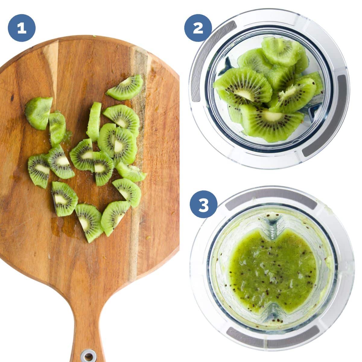 Collage of 3 Images - 1. Kiwi Peeled and Sliced on Wooden Chopping Board 2. Kiwi In Blended Before Blended 3. Kiwi in Blender after Blending.