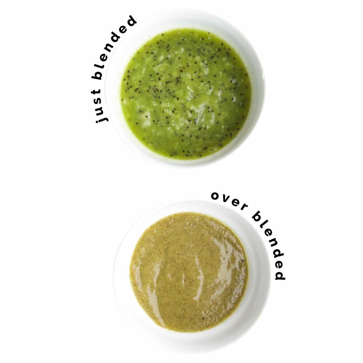 Two Bowls of Kiwi Puree The First Shows Kiwi Puree That is Just Blended and The Second Bowl Shows Kiwi Puree That is Over Blended.